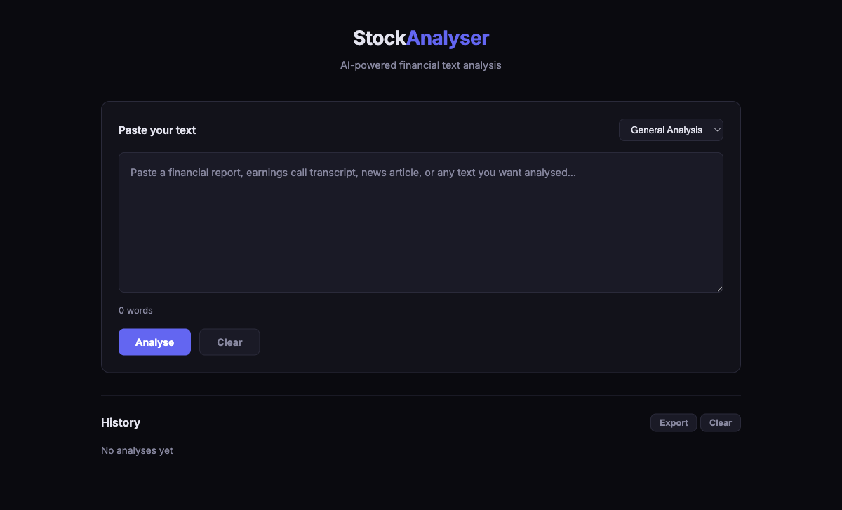 StockAnalyser dark-themed analysis interface